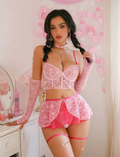 Lencería| Conjunto rosa de encaje con guantes 🌸💗