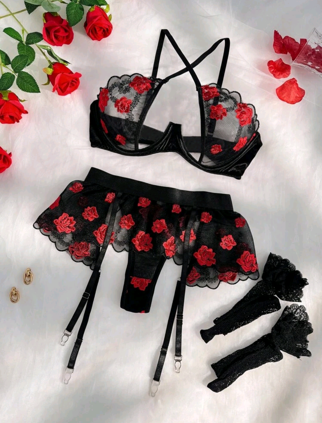Lencería| Set Cruzado de Flores bordadas✨🌹