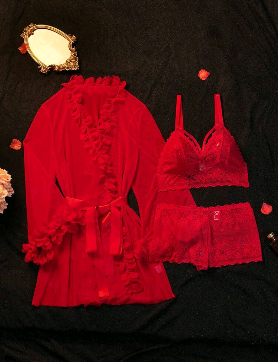 Lencería Curvy| Coordinado de encaje con bata Mesh🔥✨